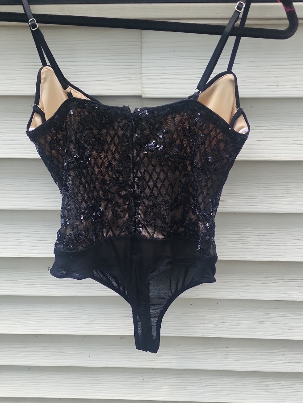 Lulu's Black and Nude Sequin Contrast Lined Bodysuit, Snap Closure - Picture 8 of 10